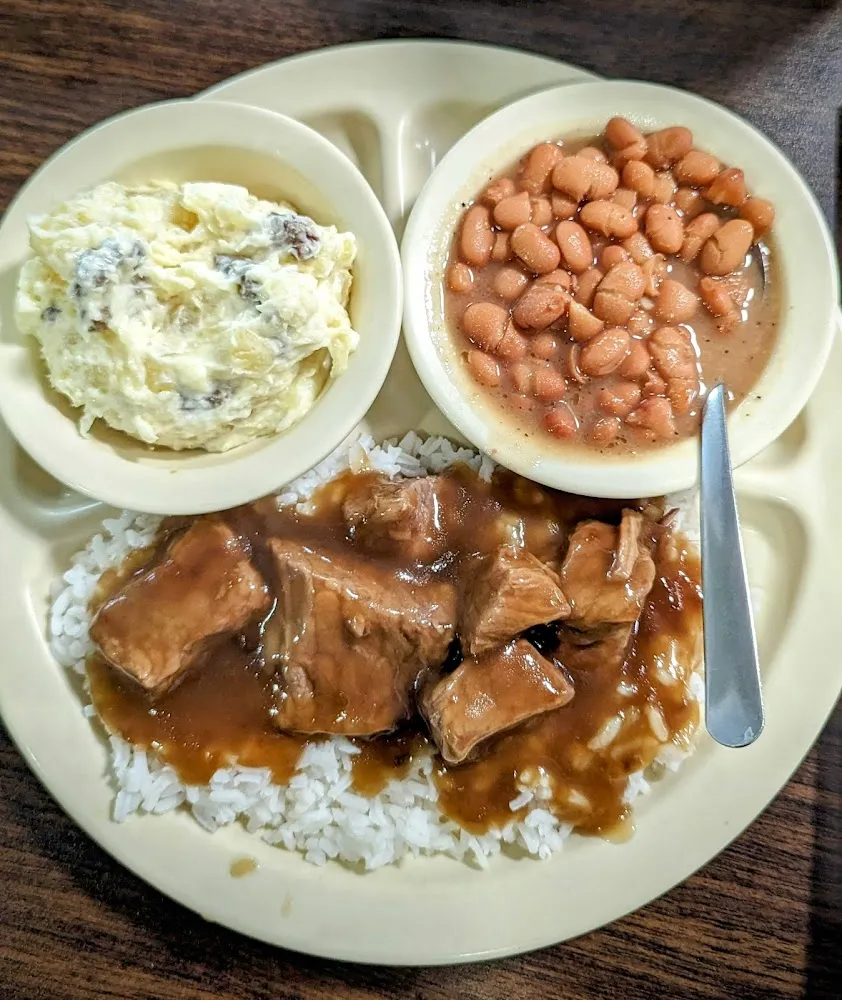 Stew Beef with Rice Pintos and Pineapple Fluff
